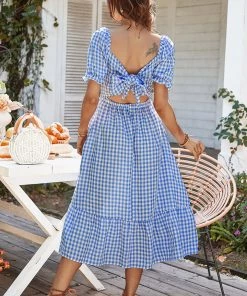 DY ELOISA Back Bow Midi Dress - Blue Gingham New In Clothing 9 DY ELOISA Back Bow Midi Dress - Blue Gingham New In Clothing