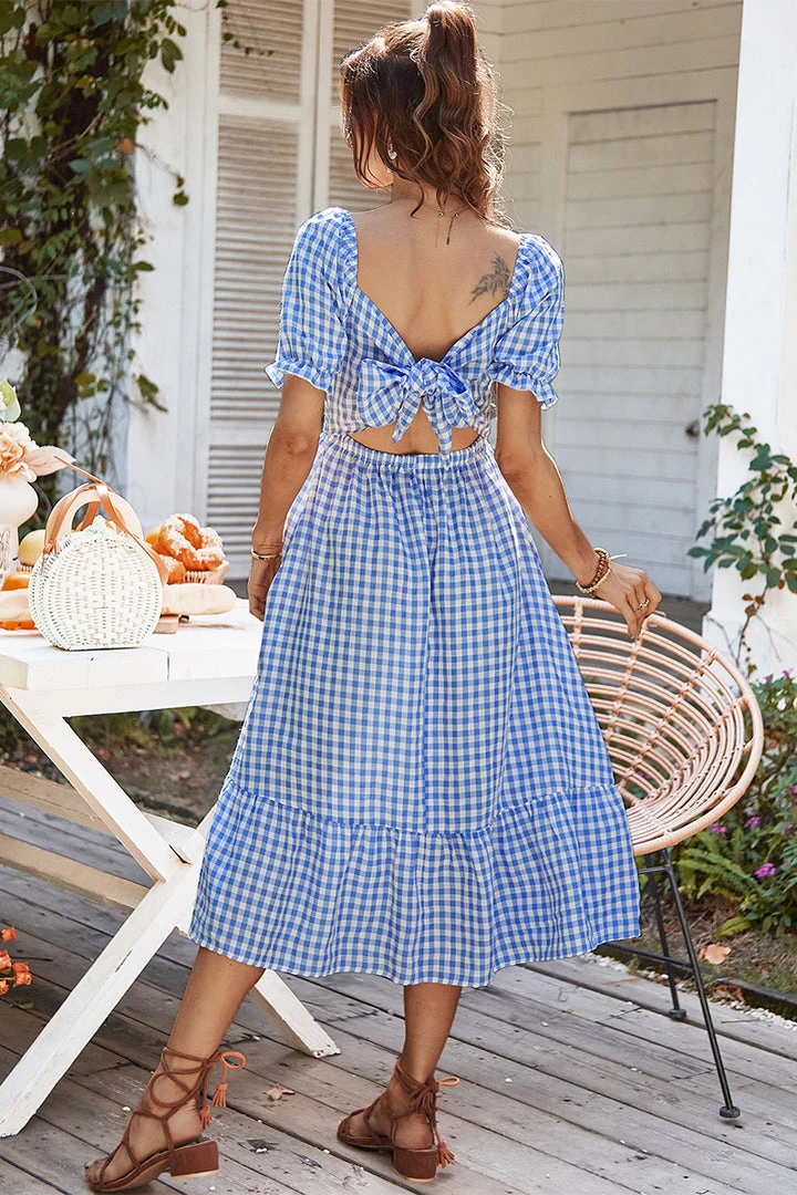 DY ELOISA Back Bow Midi Dress - Blue Gingham New In Clothing 3 DY ELOISA Back Bow Midi Dress - Blue Gingham New In Clothing