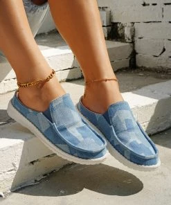 HT En Bloom | Blue Puzzle Print Canvas Boat Loafers Sip On Flats