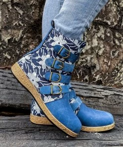 YL Denim Blue Floral Embroidered Bootie Ankle Boots - En Bloom Shoes