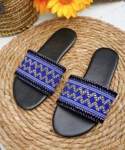 HT En Bloom | SAPPHIRE BLUE EMBROIDERED SLIDES