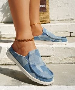 HT En Bloom | Blue Puzzle Print Canvas Boat Loafers Sip On Flats