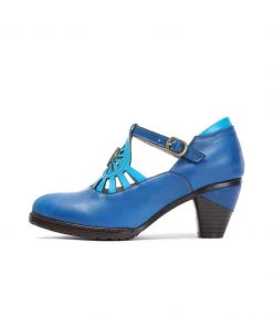 RXD SOFFIA | Turquoise Genuine Leather Cut Out Vintage Mary Jane Heeled Pumps