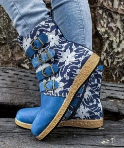 YL Denim Blue Floral Embroidered Bootie Ankle Boots - En Bloom Shoes