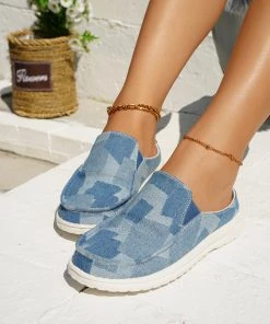 HT En Bloom | Blue Puzzle Print Canvas Boat Loafers Sip On Flats