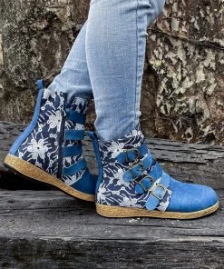 YL Denim Blue Floral Embroidered Bootie Ankle Boots - En Bloom Shoes
