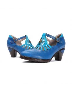 RXD SOFFIA | Turquoise Genuine Leather Cut Out Vintage Mary Jane Heeled Pumps