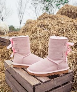 XH SMAIBULUN UGG™ | Double-Bow Back Ribbon Suede Boots - Blush Pink NEW ARRIVALS