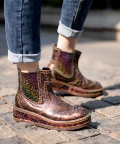 SOFFIA | Genuine Leather Bronze Rose Embossed Flat Chelsea Boots New In Shoes