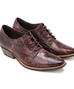 New In Shoes Genuine Leather Block Brogue-Detail Floral Embossed Oxford Heel Shoes- Soffia