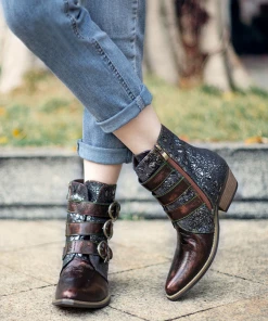 New In Shoes SOFFIA | Bronze Color Block Low Heel Western Genuine Leather Boots Ankle Boots