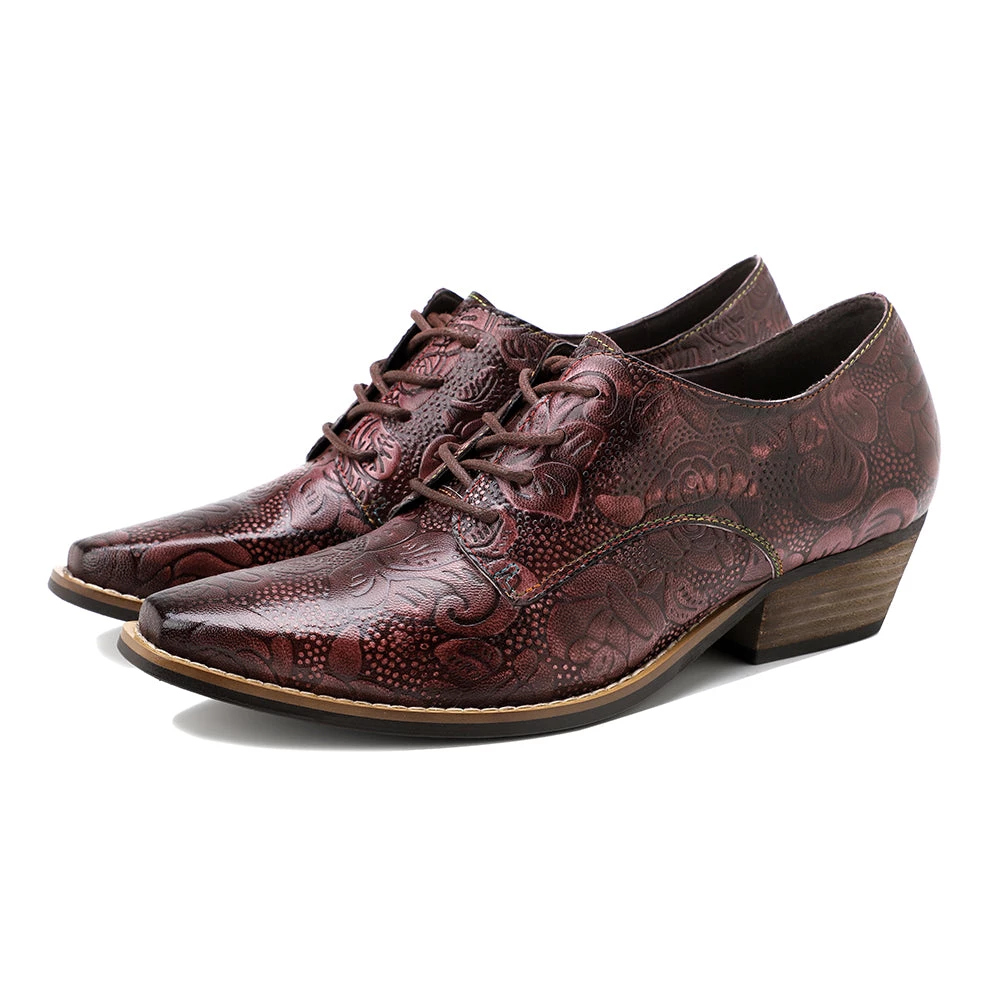 New In Shoes Genuine Leather Block Brogue-Detail Floral Embossed Oxford Heel Shoes- Soffia 2 New In Shoes Genuine Leather Block Brogue-Detail Floral Embossed Oxford Heel Shoes- Soffia