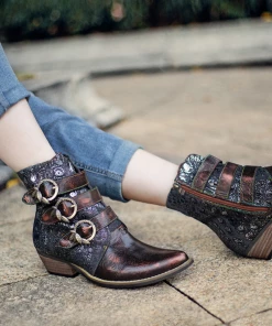 New In Shoes SOFFIA | Bronze Color Block Low Heel Western Genuine Leather Boots Ankle Boots