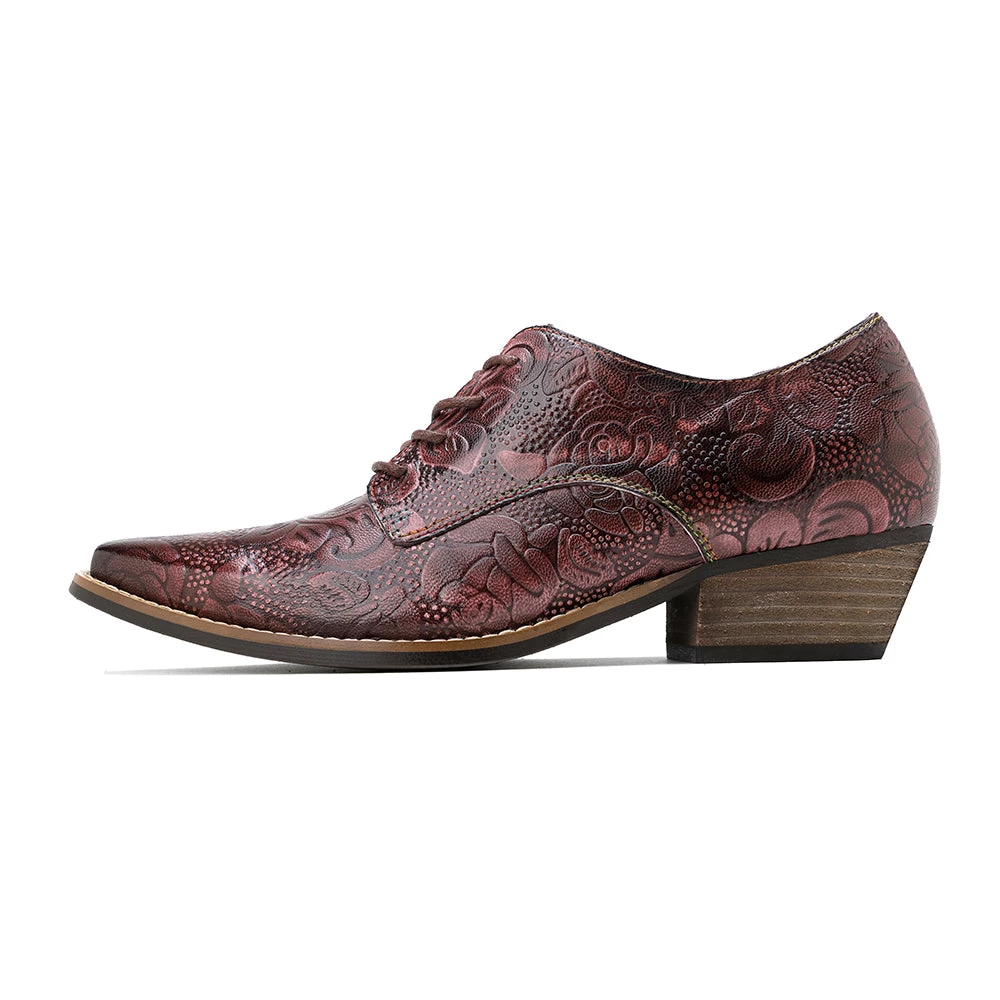 New In Shoes Genuine Leather Block Brogue-Detail Floral Embossed Oxford Heel Shoes- Soffia 4 New In Shoes Genuine Leather Block Brogue-Detail Floral Embossed Oxford Heel Shoes- Soffia