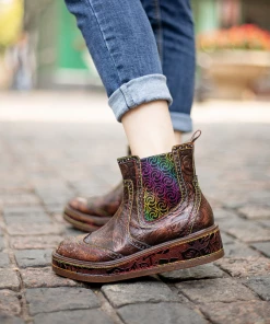 SOFFIA | Genuine Leather Bronze Rose Embossed Flat Chelsea Boots New In Shoes