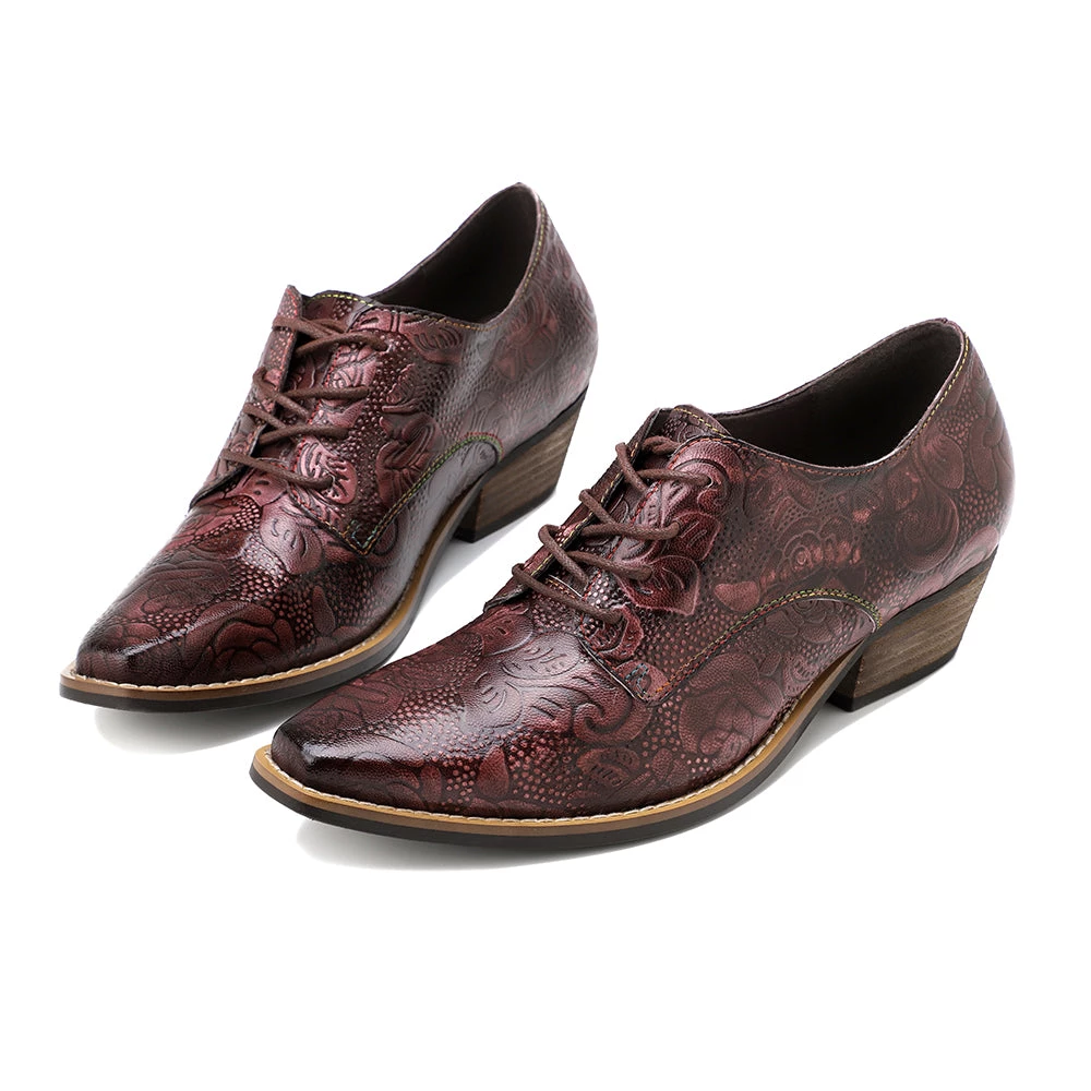 New In Shoes Genuine Leather Block Brogue-Detail Floral Embossed Oxford Heel Shoes- Soffia 5 New In Shoes Genuine Leather Block Brogue-Detail Floral Embossed Oxford Heel Shoes- Soffia