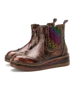 SOFFIA | Genuine Leather Bronze Rose Embossed Flat Chelsea Boots New In Shoes