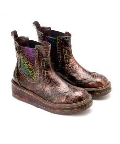 SOFFIA | Genuine Leather Bronze Rose Embossed Flat Chelsea Boots New In Shoes