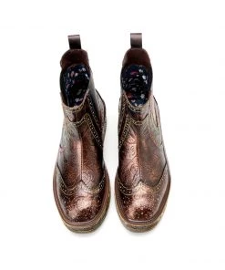 SOFFIA | Genuine Leather Bronze Rose Embossed Flat Chelsea Boots New In Shoes