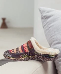 SOFFIA | Genuine Leather Geometry Printed Wool Lined Slippers Clogs - Brown NEW ARRIVALS