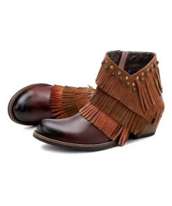 New In Shoes SOFFIA | Genuine Leather Brown Tasselled Cowboy Bootie Ankle Boots