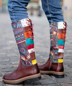 NEW ARRIVALS Soffia | Genuine Leather Brown Geometric Lace-Up Back Flat Knee Boots