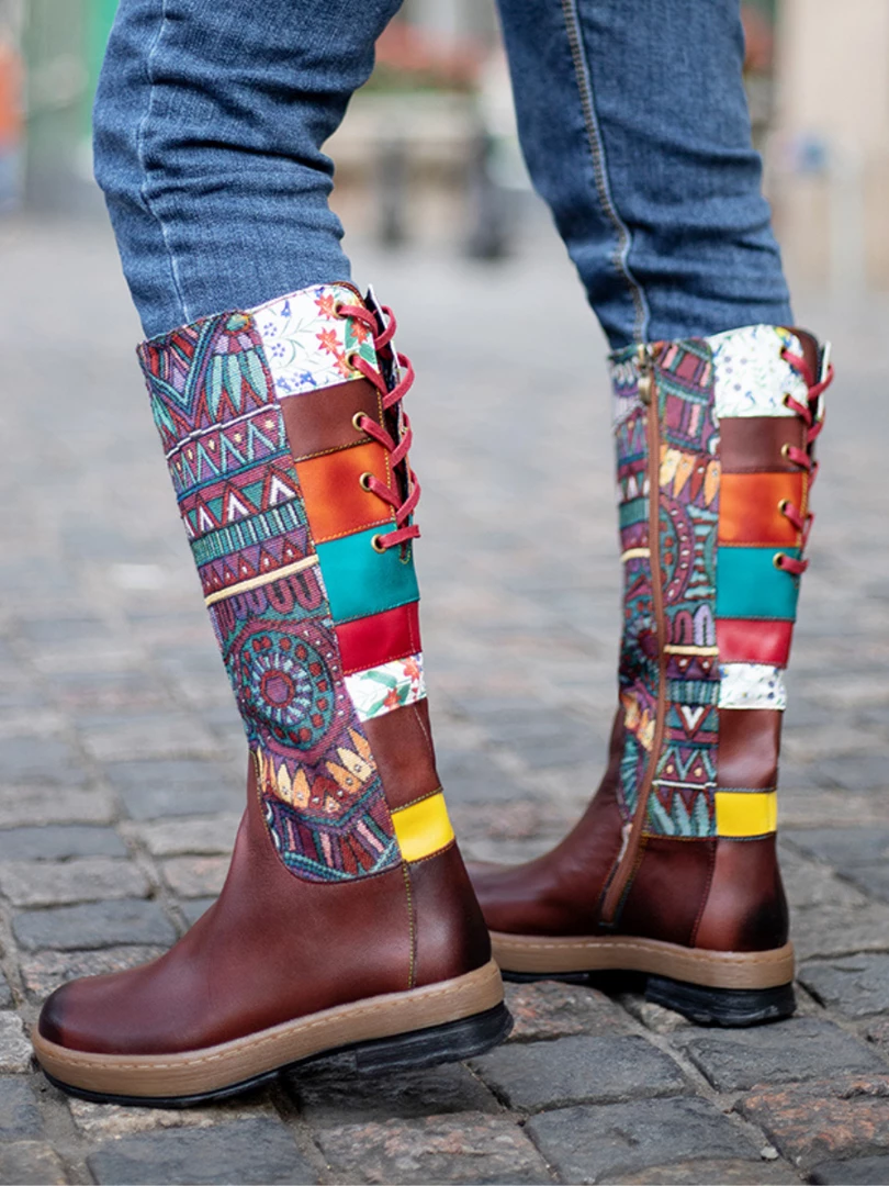 NEW ARRIVALS Soffia | Genuine Leather Brown Geometric Lace-Up Back Flat Knee Boots 1 NEW ARRIVALS Soffia | Genuine Leather Brown Geometric Lace-Up Back Flat Knee Boots