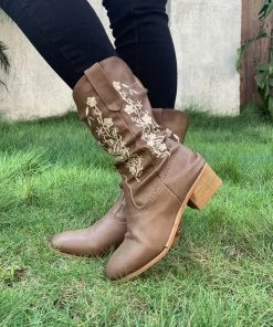 YL New In Shoes En Bloom | Brown Lipper Floral Embroidered Cowboy Knee Boots