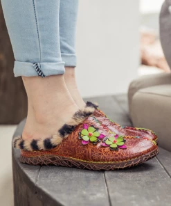 NEW ARRIVALS SOFFIA | Tiger Printed Wool Lined Applique Leather Slipper - Brown
