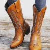 YL New In Shoes En Bloom | Geometry Embroidered Knee Cowboy Boots - Brown