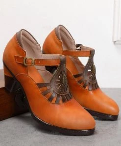 RXD SOFFIA | Brown Genuine Leather Cut Out Vintage Mary Jane Heeled Pumps NEW ARRIVALS