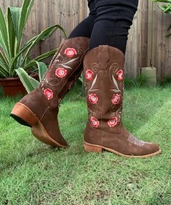 YL New In Shoes En Bloom | Brown Morning Glory Embroidered Cowboy Heel Boots