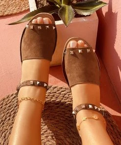 HT En Bloom | Brown Peep-Toes Studded Sandals