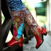 SOFFIA | Genuine Leather Swirle Floral Printed Tie-Accent Leather Knee-high Heel Boots Shoes