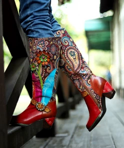 SOFFIA | Genuine Leather Swirle Floral Printed Tie-Accent Leather Knee-high Heel Boots Shoes