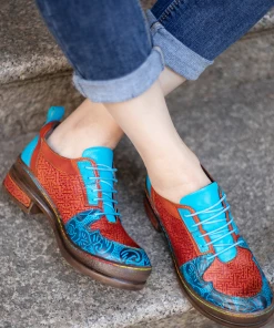 NEW ARRIVALS SOFFIA | Genuine Leather Brown Matrix Turquoise Floral Embossed Sneakers Oxford Shoes