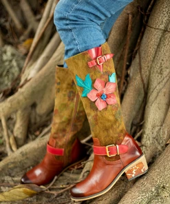 SOFFIA | Genuine Leather Applique Distressed Vintage Boho Knee Boots