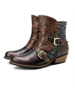 SOFFIA | Genuine Leather Golden & Brown Color Block Cowboy Moto Ankle Boots