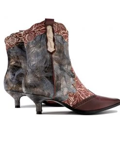 Genuine Leather Distress Brown Leaf Printed Kitten Heel Bootie Ankle Boots- Soffia New In Shoes