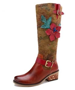 SOFFIA | Genuine Leather Applique Distressed Vintage Boho Knee Boots