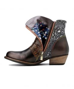 SOFFIA | Genuine Leather Golden & Brown Color Block Cowboy Moto Ankle Boots