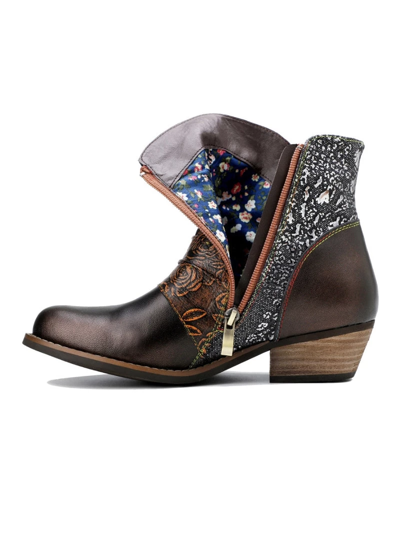 SOFFIA | Genuine Leather Golden & Brown Color Block Cowboy Moto Ankle Boots 2 SOFFIA | Genuine Leather Golden & Brown Color Block Cowboy Moto Ankle Boots