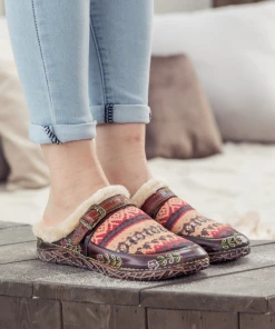 SOFFIA | Genuine Leather Geometry Printed Wool Lined Slippers Clogs - Brown NEW ARRIVALS