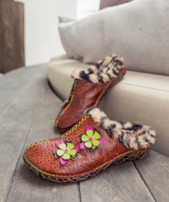NEW ARRIVALS SOFFIA | Tiger Printed Wool Lined Applique Leather Slipper - Brown