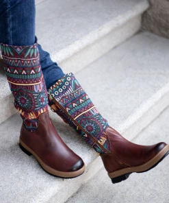 NEW ARRIVALS Soffia | Genuine Leather Brown Geometric Lace-Up Back Flat Knee Boots 12 NEW ARRIVALS Soffia | Genuine Leather Brown Geometric Lace-Up Back Flat Knee Boots