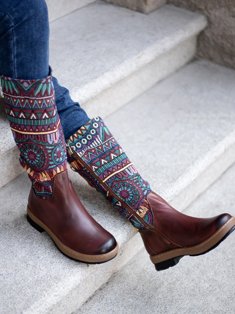 NEW ARRIVALS Soffia | Genuine Leather Brown Geometric Lace-Up Back Flat Knee Boots 3 NEW ARRIVALS Soffia | Genuine Leather Brown Geometric Lace-Up Back Flat Knee Boots