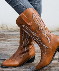 YL New In Shoes En Bloom | Geometry Embroidered Knee Cowboy Boots - Brown