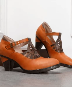 RXD SOFFIA | Brown Genuine Leather Cut Out Vintage Mary Jane Heeled Pumps NEW ARRIVALS