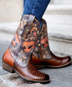 SOFFIA |Genuine Leather Brown Rock & Roll Guitar Mid-Calf Western Boots New In Shoes