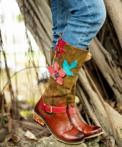 SOFFIA | Genuine Leather Applique Distressed Vintage Boho Knee Boots